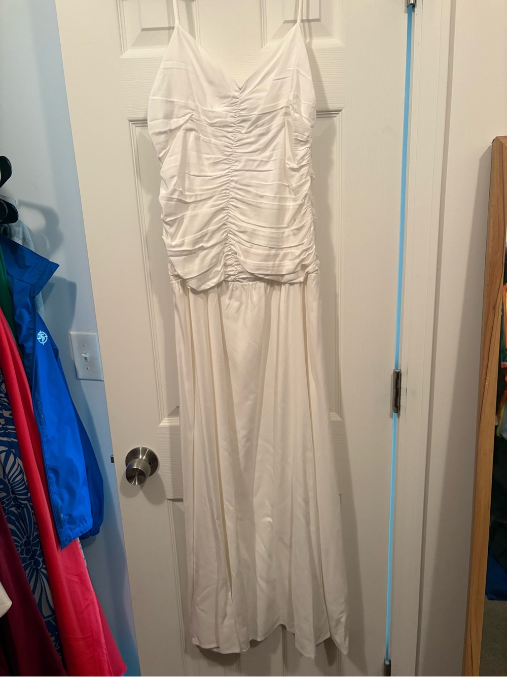 Elegant White Ruched Spaghetti-Strap Maxi Dress